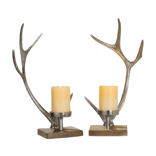  ALUMINIUM & WOOD PILLAR CANDLE HOLDER SET OF 2 (GOLD)